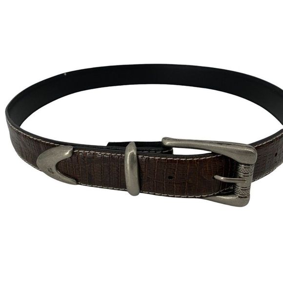 Womens Brown Leather Belt 0657 M 27-31" Pewter Topstitching Western - Picture 1 of 12
